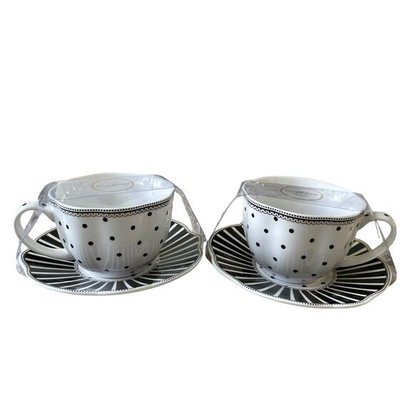 GRACE TEAWARE Black & White Striped Polka Dots Teacup and Saucer Set of 2 New - Picture 12 of 16